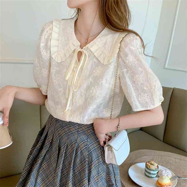 Летняя шнуровка кукла воротник рубашка флористическая вышивка слоеная рукава корейский стиль сладкий топ блузка короткие белые вершины 210601