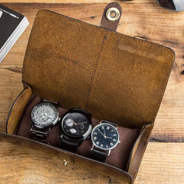 

watch boxes & cases portable exquisite roll travel case chic handmade leather 3 slots storage box with slid in out organizers gift, Black;blue