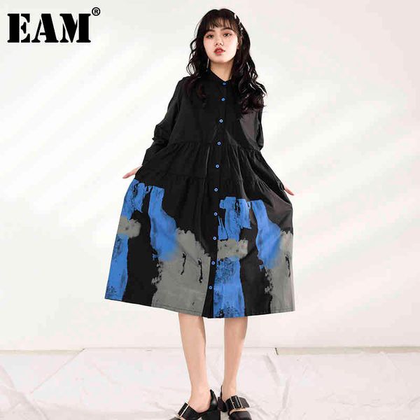 

[eam] women pattern printed long black dress stand collar long sleeve loose fit fashion spring autumn 1y92801 21512, Black;gray
