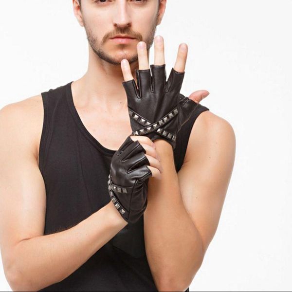 

five fingers gloves men' genuine sheepskin leather glove winter color half-finger tactical punk cool wrist drive ridding mittens s2178, Blue;gray