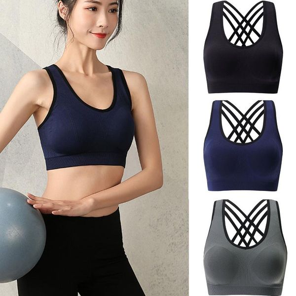 

women's swimwear sports bra crop fitness women sportswear rimless yoga running cross straps underwear with pads conjuntos de, White;black