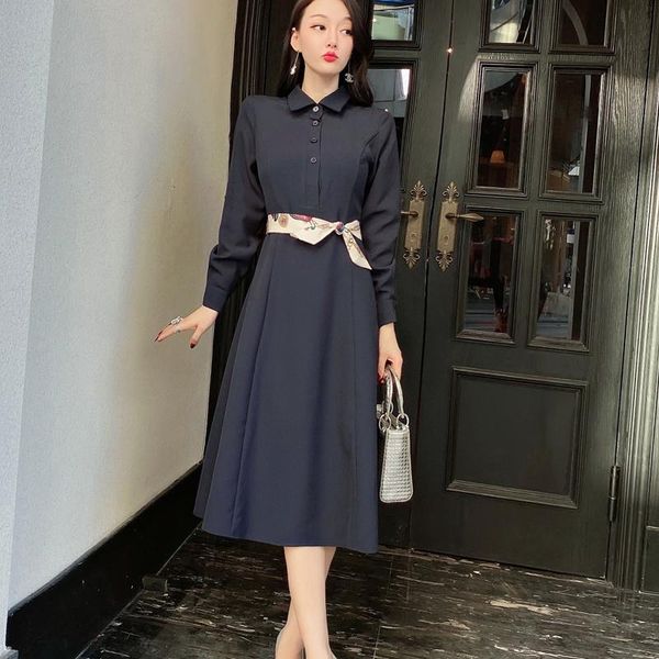 

autumn style elegant temperament long sleeve bohemian retro print belt shirt mid-length dress fashion casual dresses, Black;gray