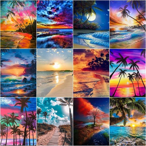 

diy painting by numbers seaside beach coconut tree canvas colouring landscape handpainted gift wall decoration paintings