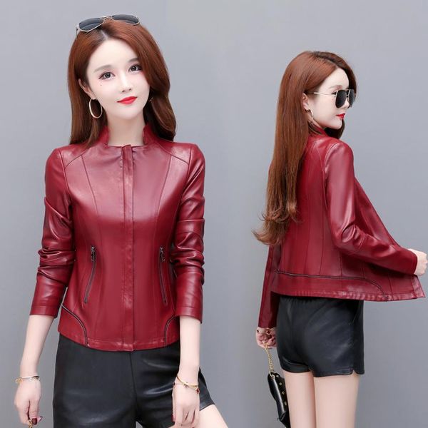 

women's leather & faux large size 3xl 4xl jacket 2021 spring and autumn pu coat female short slim ladies jackets outerwear, Black