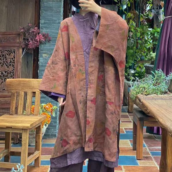 

women's trench coats johnature women vintage print patchwork v-neck three quarter sleeve pockets 2021 spring linen female long, Tan;black
