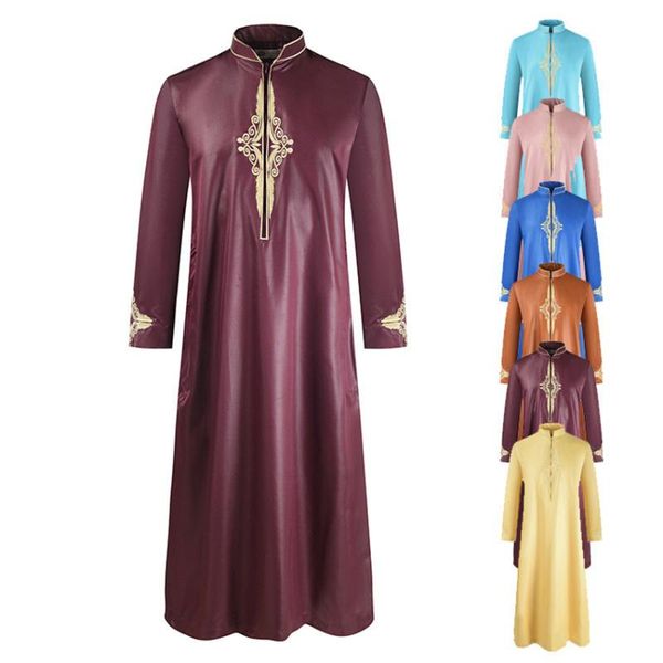 

ethnic clothing embroidery abaya ramadan muslim dubai solid color vintage men long robe turkey fashion stand-up collar islamic, Red