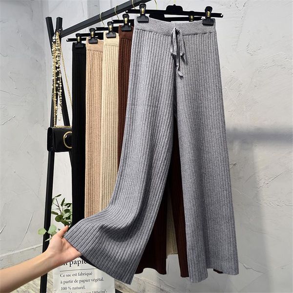 

women's pants & capris women long trousers autumn winter elastic high waist thick knitted female sweater wide leg casual loose ab1195, Black;white
