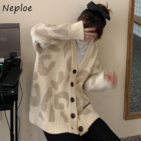 

women's knits & tees neploe 2021 fashion leopard print knit cardigan autumn loose lazy style sweater v-neck sweaters jacket, White
