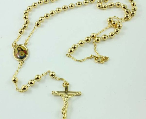 Золотой желтый GF розарийные молитвы бусины Иисус перекрестный ожерелье / цепь в подарочной коробке
