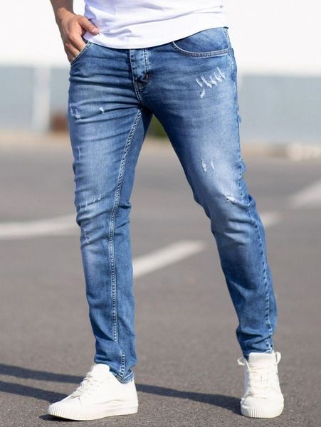 

men bleach wash ripped frayed cat scratch tapered jeans h57k#, Blue