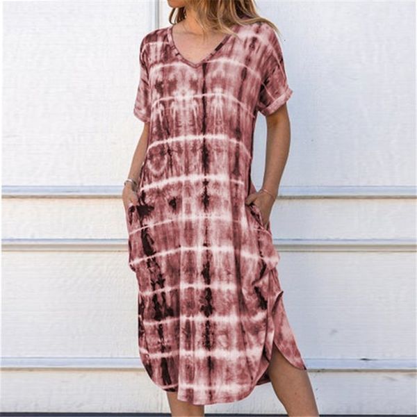 

casual dresses women summer short sleeve tie-dye print mid long v-neck side splited pockets big size vestidos drop, Black;gray
