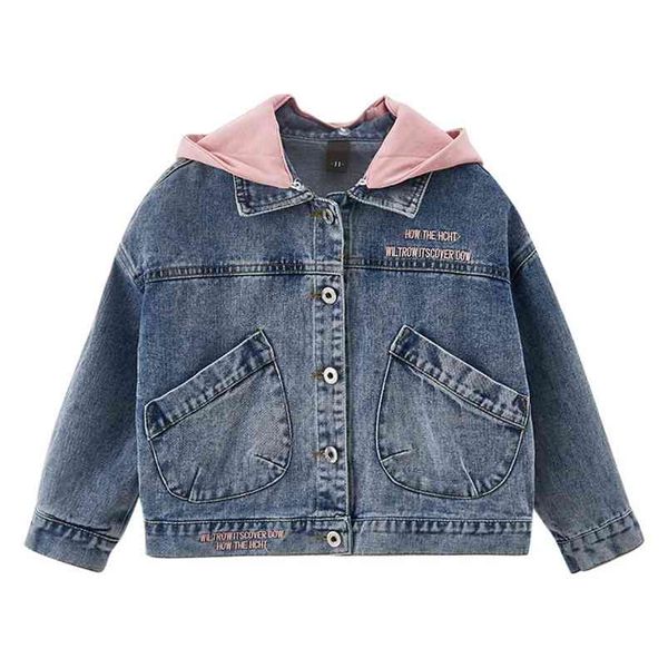 Kinder Mädchen Abnehmbare Hut Jean Mäntel Koreanische Kinder Rosa Mit Kapuze Jacken Frühling Herbst Kleinkind Baby Mädchen Oberbekleidung Sportwear 210622