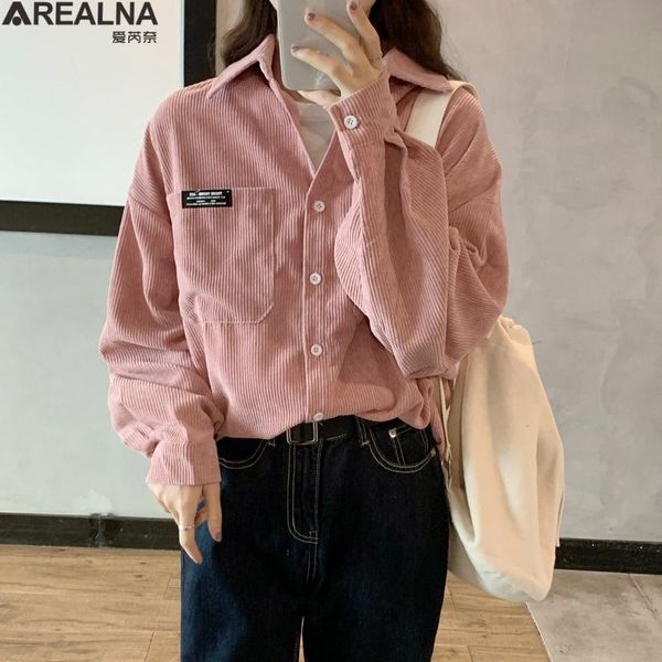 

pink pockets oversized corduroy shirt 2021 korean fashion women blouses long sleeve asymmetric loose female blouse plus size women's &, White