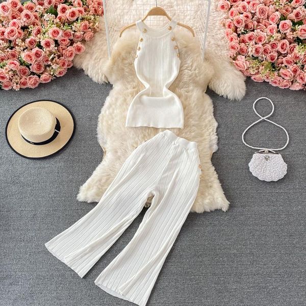 

women's two piece pants fashion button sets knitted halter camisole short with high waist wide leg two-piece suit trousers, White
