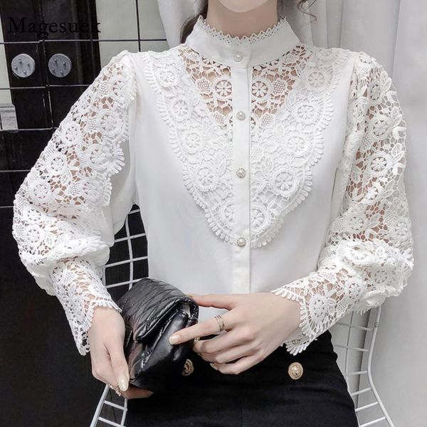 

women's blouses & shirts spring long sleeve white blouse women korean chic lace shirt sweet stand collar hollow out female 12948