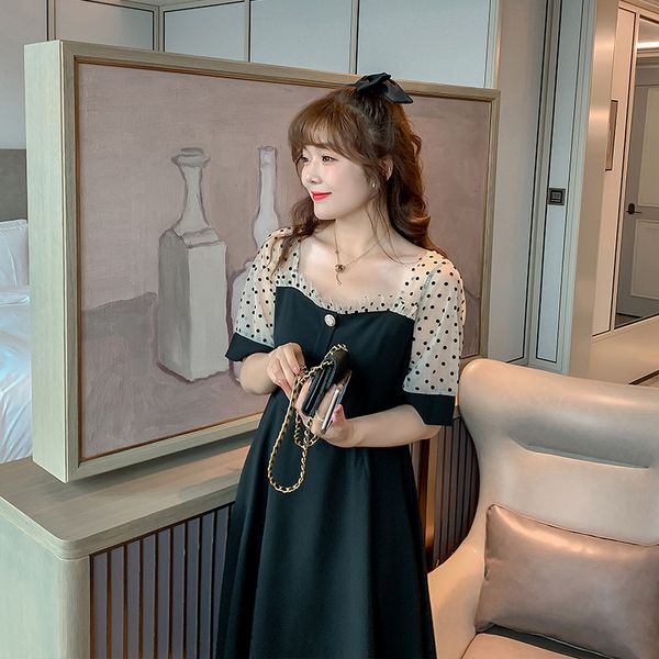 

factory656o 200 shuangtian 2020 jin spring mm new extra fat dot mesh sleeve dress 5771, Black;gray