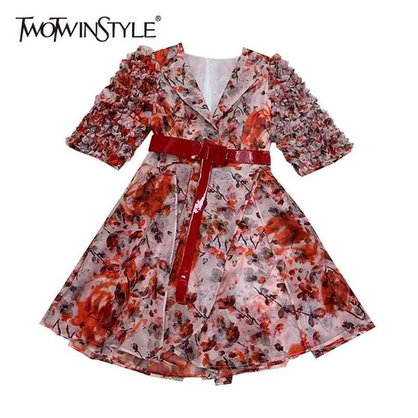 Imprimir Patchwork Ruffle Macacão de Verão para Mulheres Lapel Meia Manga Cintura Alta Bateu Jumpsuits Feminino Fashion 210521