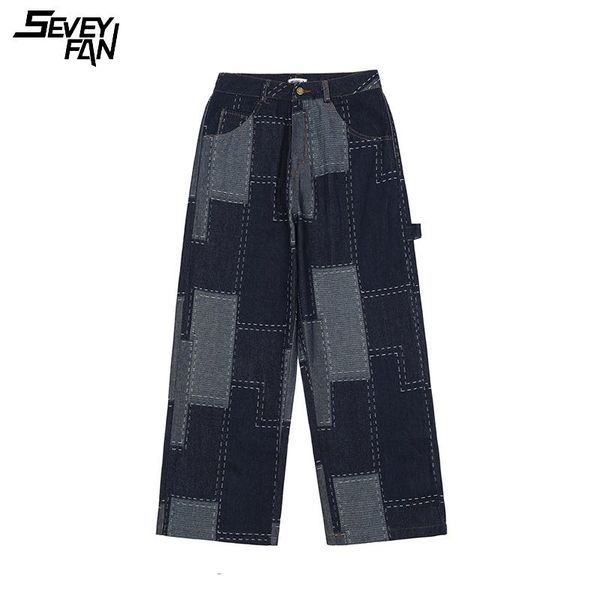 

men's jeans vintage plaid hip hop streetwear skateboard baggy blue pants wide leg straight loose harajuku denim trousers