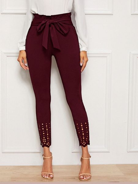 

paperbag waist scallop edge laser cut skinny pants q4ze#, Black;white