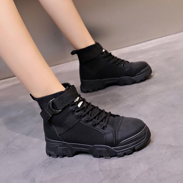 

boots size 35-40 2021 ankle women winter campus style shoes woman flat heels young girls soft casaul buckle boot, Black