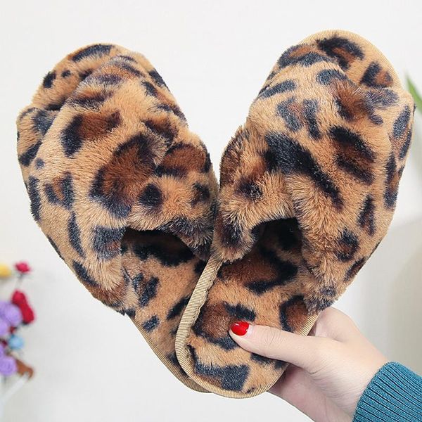 

leopard winter woman slippers warm furry plush cross flat for women soft indoor home shoes, Black