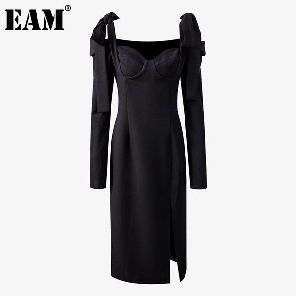 

[eam] women black slit off shoulder long bandage dress strapless long sleeve loose fit fashion spring autumn 1dd6356 21512, Black;gray