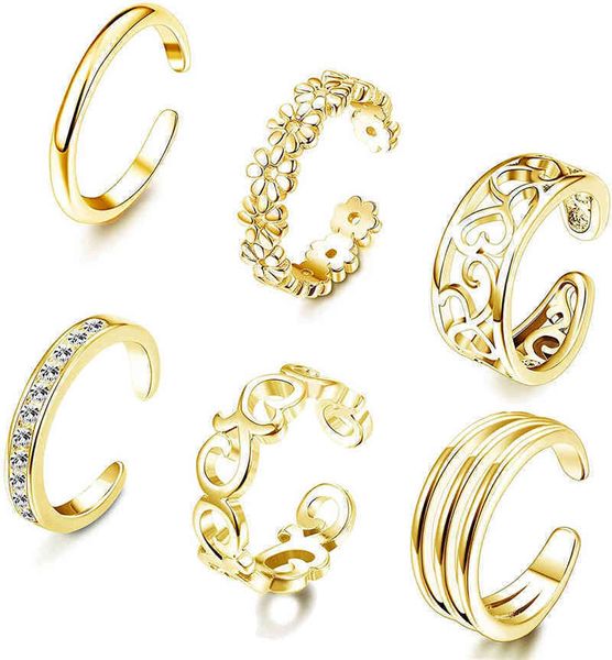 

6pcs summer beach foot jewelry open rings for women adjustable midi finger toe band ring set gifts white cz, Silver