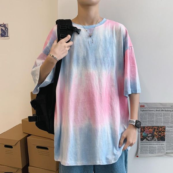 

gradient graffiti tie dye print oversized t shirt short sleeve o neck summer men clothing korean harajuku woman plus size men's t-shir, White;black