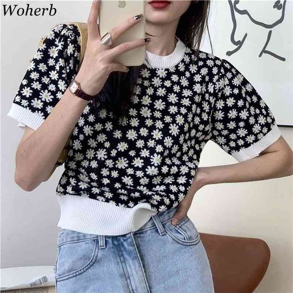 

woherb summer korean fashion thin knitted t shirt women floral print vintage crew neck short sleeve knitwear t-shirts 210722, White