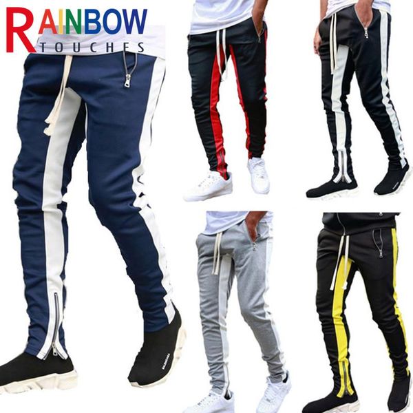 

men's pants rainbowtouches men style high street trousers leisure running foot zipper color matching, Black