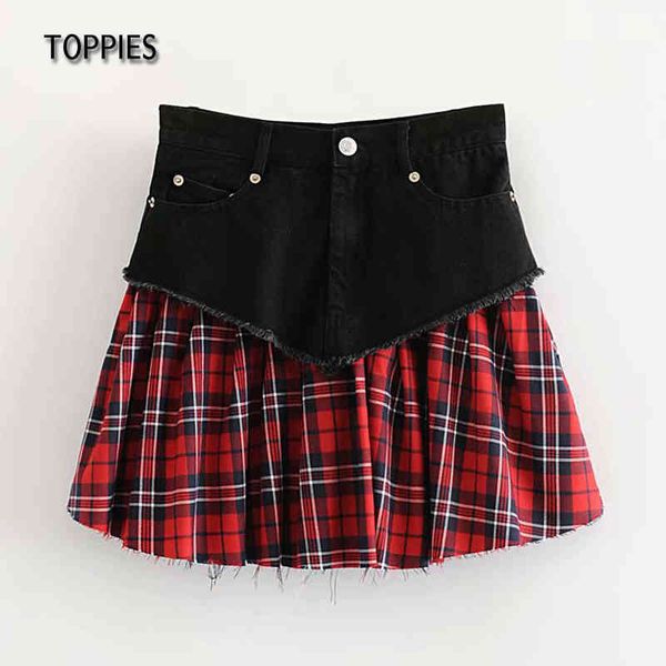 

ies fashion spliced jeans skirts women high waist plaid mini skirts pleated high street tassel a-line faldas saia 210412, Black