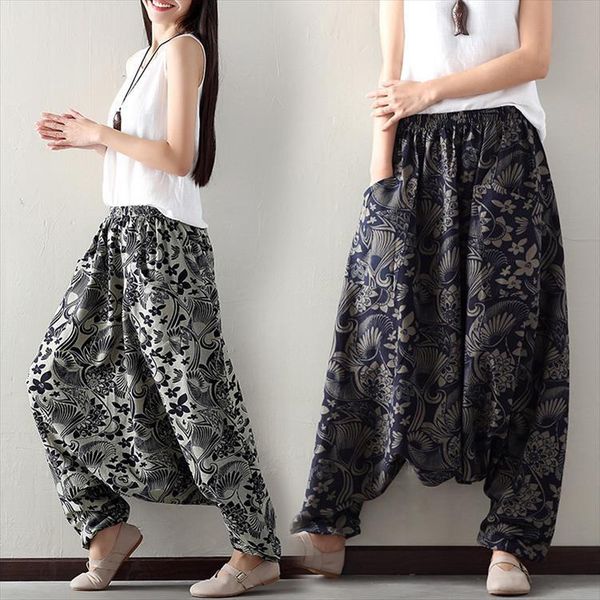 

plus size loose cotton linen women pant print drop crotch harem bloomers lantern trousers aladdin indian nepal baggy gd738, Black;white