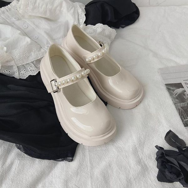 

dress shoes french retro british style small leather 2021 spring and summer pearl word with thick sole mary jane, Black