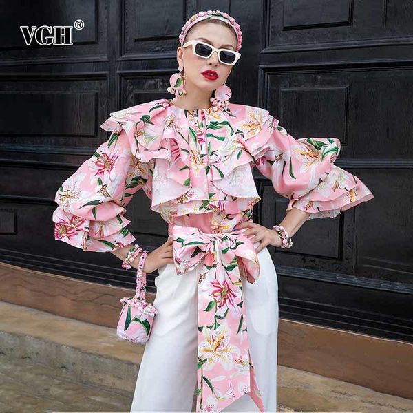 

women's blouses & shirts vgh vintage print for women o neck lantern long sleeve korean patchwork bowknot females 2021 spring fashion st, White