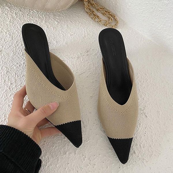 

dress shoes woman pumps shallow pointed toe high heels 5cm kitting slip on ladies mules stiletto slides, Black
