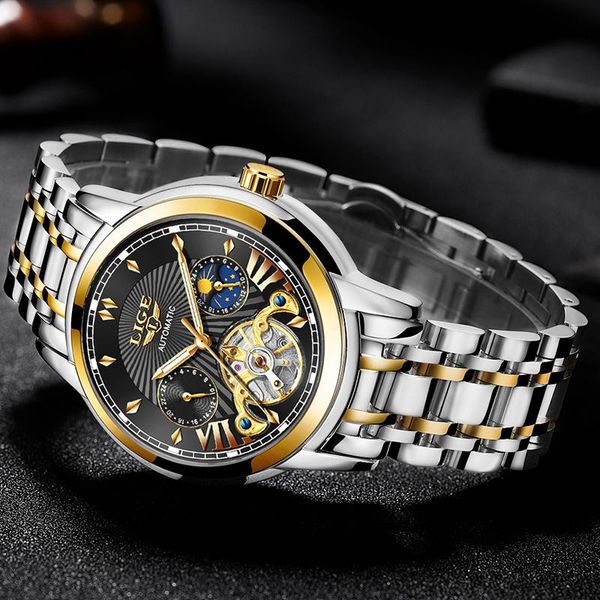 

wristwatches lige men watches automatic mechanical watch tourbillon sport clock stainless steel casual business wristwatch relojes hombre, Slivery;brown