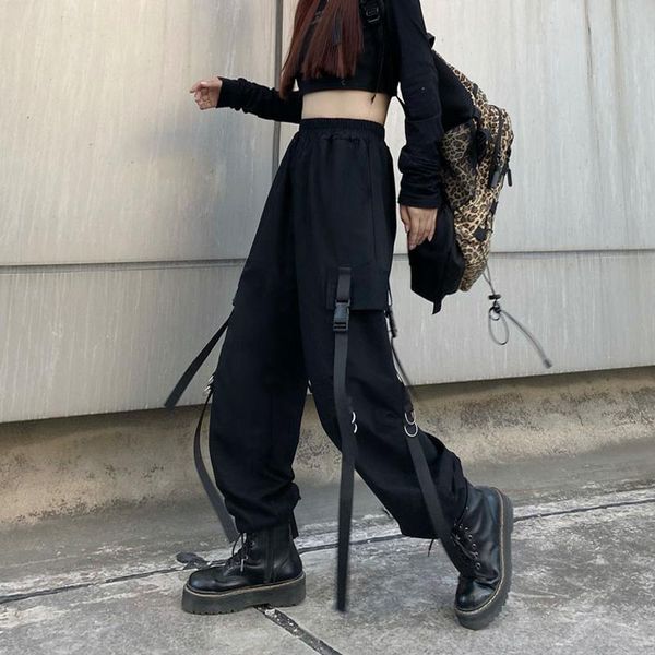 

women's pants & capris houzhou techwear punk black cargo women gothic hippie streetwear joggers wide leg trousers for female chain kore, Black;white