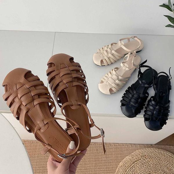 

sandals women flat 2021 summer rome fashion round toe leather vintage buckle strap brown female casual shoes, Black