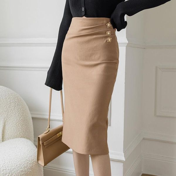 

skirts plus size 2021 women casual high elastic package hip midi skirt fashion split slim elegant office lady pencil, Black