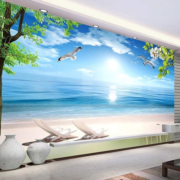 Personalizado 3D papel de parede azul praia natureza paisagem grande sala de estar sala de estar à prova d 'água pintura de lona