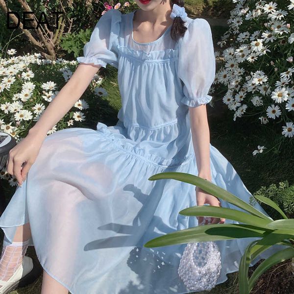 

[deat] summer fashion round neck high waist knee-length ruffles short sleeve solid color elegant dress women 13q357 210527, Black;gray