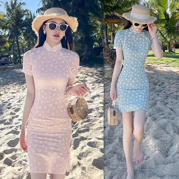 

ethnic clothing vintage button cheongsam short solid color qipao print flower female chinese traditional dress tight elegant vestidos g, Red