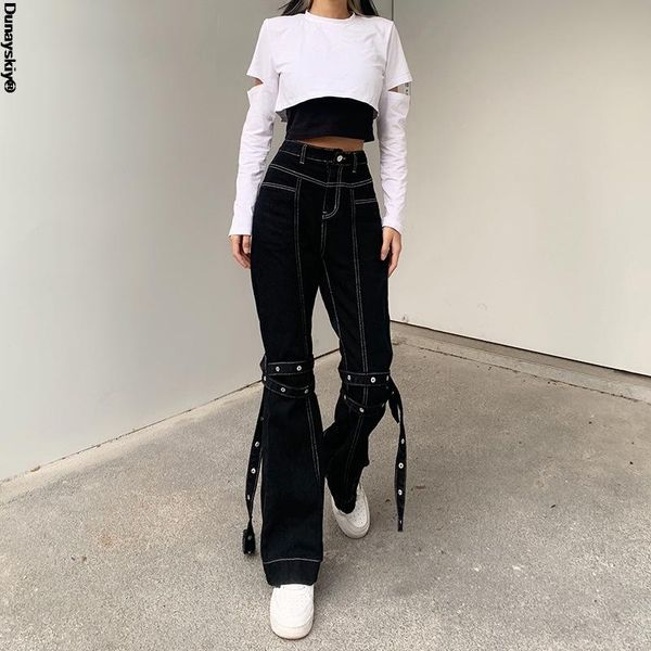 

women's jeans 2021 grunge black punk wide leg women pants hip hop high waist bandage streetwear rivet trousers, Blue