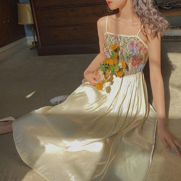 

casual dresses vintage floral print strap dress women designer elegant sweet lace-up chiffon fairy midi holiday beach summer 2021, Black;gray
