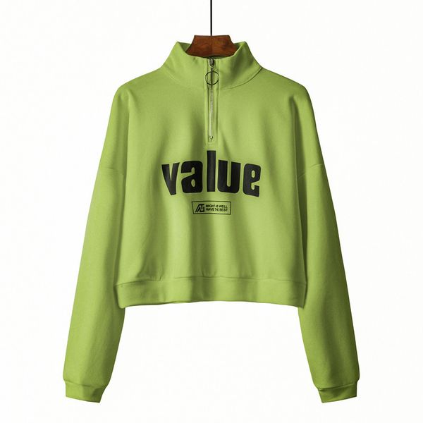 

women sweatshirts stand collar zipper short cropped thin letter print green navy pink yellow white gray h0104 210514, Black