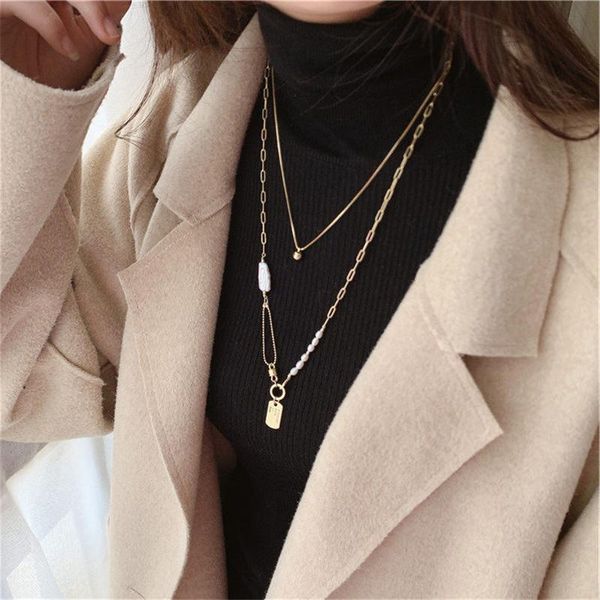

pendant necklaces trendy gold color tiny irregular pearl long necklace for women girl chunky chain multilayer party jewelry, Silver