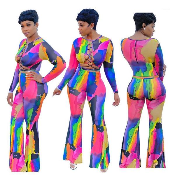 

autumn and winter 2021 milk shreds bare chest multicolor printing high waist flared pants two piece sets women's two-piece suit tracksu, Gray