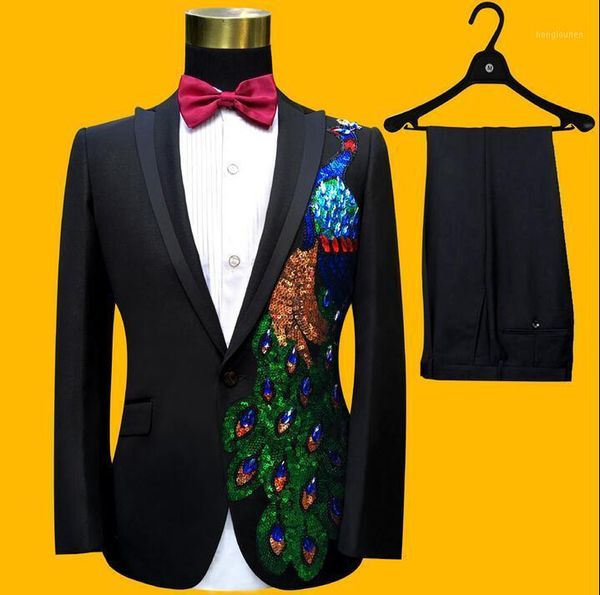 

men's suits & blazers stage male slim formal dress set sparkling diamond buckle costumes for singers masculino homme terno black fashio, White;black