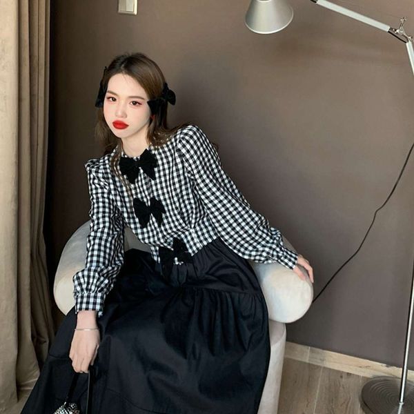 

party dresses plaid shirt women's 2021 french bow long sleeve spring short temperament p9jg, White;black