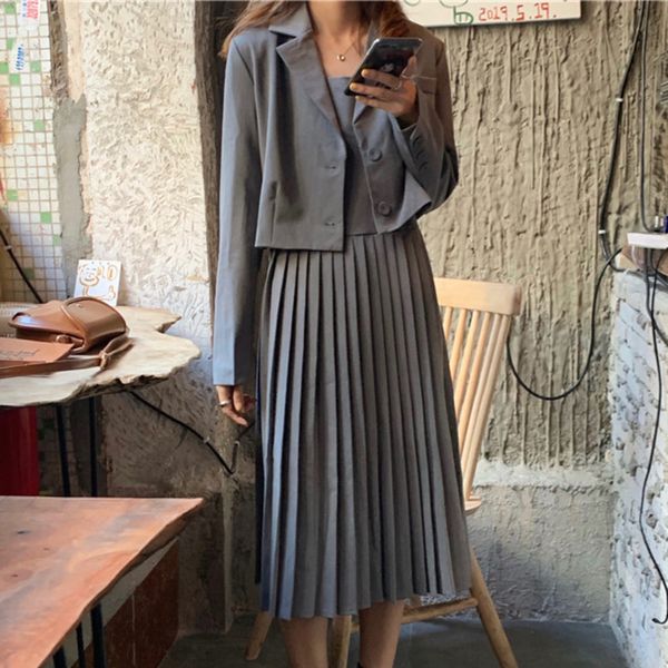 

skirt autumn winter two women vintage blazer coat + pleated spaghetti strap long dress suits 2 piece set womens outfits hlew, Black